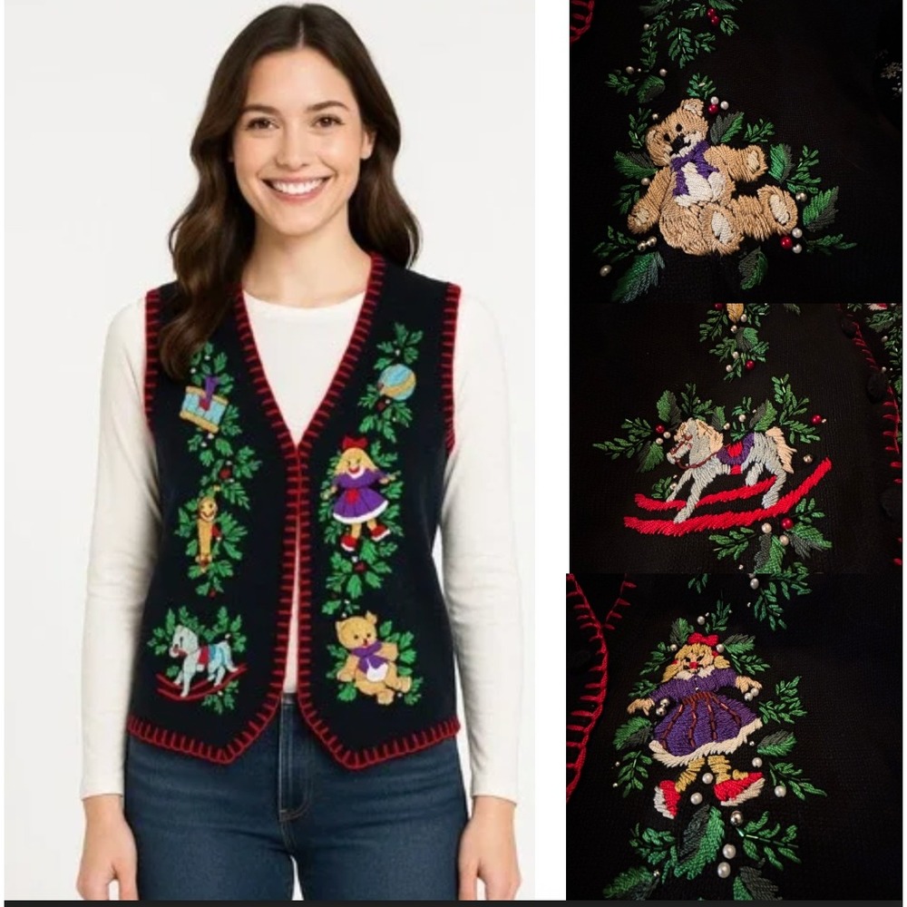 Vintage Christmas Sweater Vest Victoria Jones Embroidered Beaded Holiday Novelty